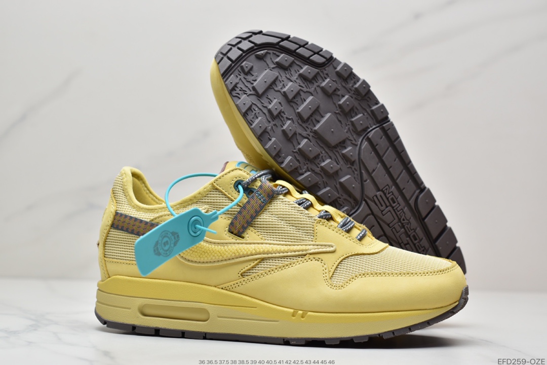 390 Travis Scott x Nike Air Max 1” Wheat/Lemon”运动慢跑鞋“柠檬黄做旧倒钩”DO9392-700