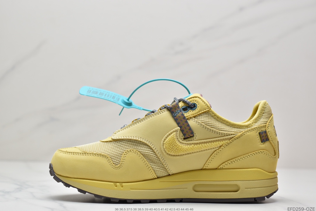 390 Travis Scott x Nike Air Max 1” Wheat/Lemon”运动慢跑鞋“柠檬黄做旧倒钩”DO9392-700