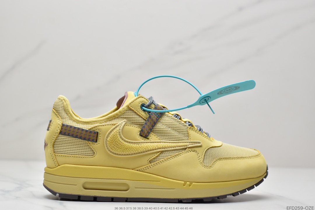 390 Travis Scott x Nike Air Max 1” Wheat/Lemon”运动慢跑鞋“柠檬黄做旧倒钩”DO9392-700