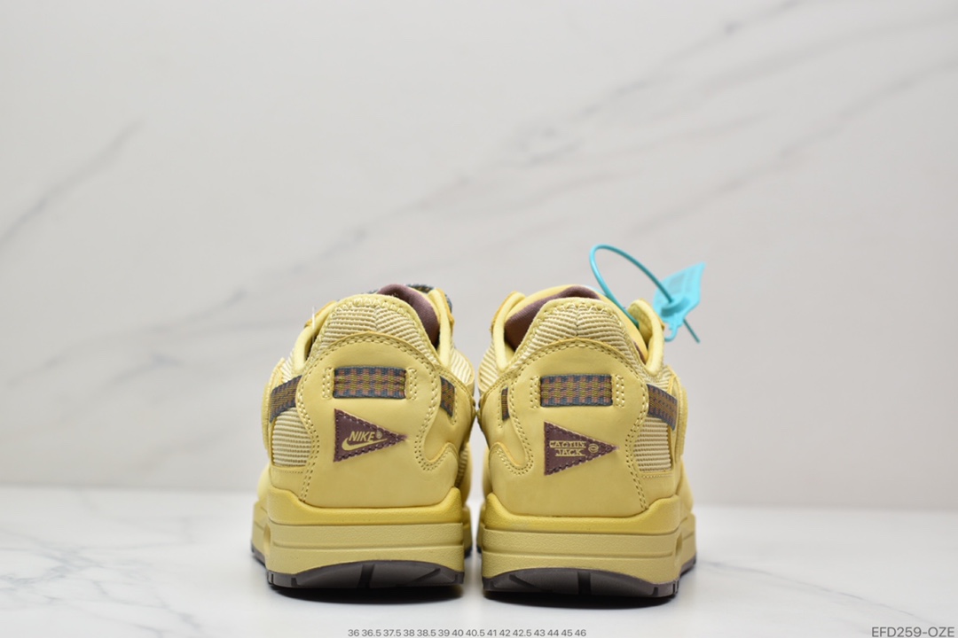 390 Travis Scott x Nike Air Max 1” Wheat/Lemon”运动慢跑鞋“柠檬黄做旧倒钩”DO9392-700