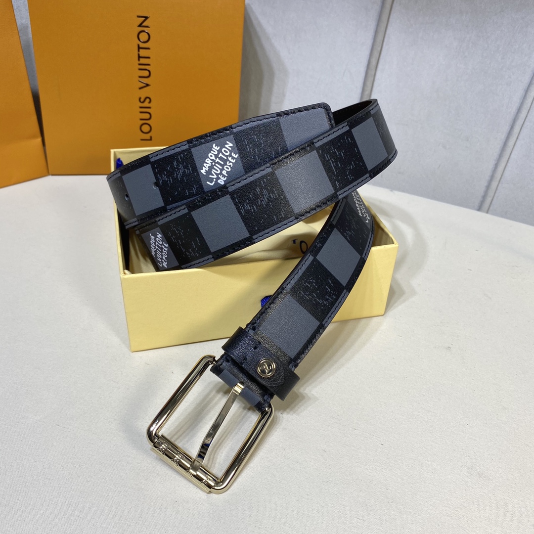 Louis Vuitton Belts Black Lattice Men Calfskin Cowhide