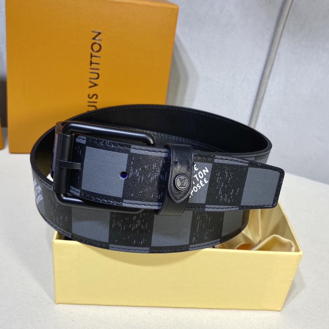 Louis Vuitton Belts Black Lattice Men Calfskin Cowhide