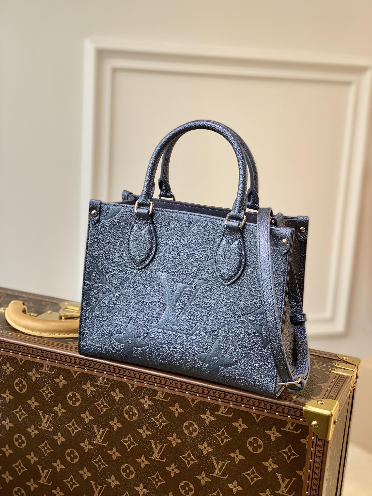What is AAA quality
 Louis Vuitton LV Onthego Store
 Handbags Tote Bags Blue Empreinte​ Cowhide Mini M58956