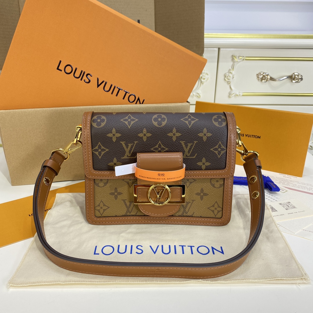 Louis Vuitton LV Dauphine Bags Handbags Black Brown Gold Yellow Monogram Reverse Calfskin Canvas Cowhide Spring/Summer Collection Mini M44580