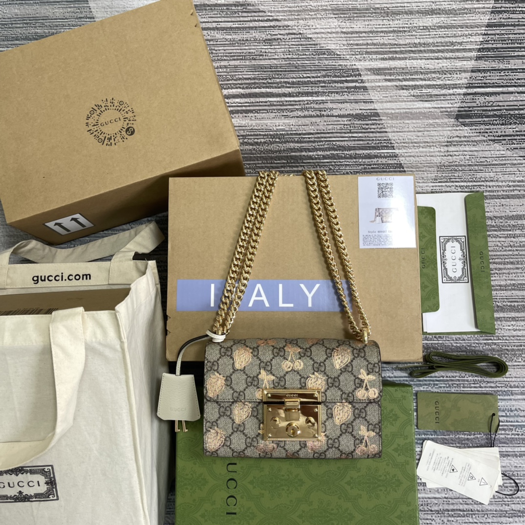 Gucci Small Shoulder Bag Strawberry Cherry Print Key Lock Hardware