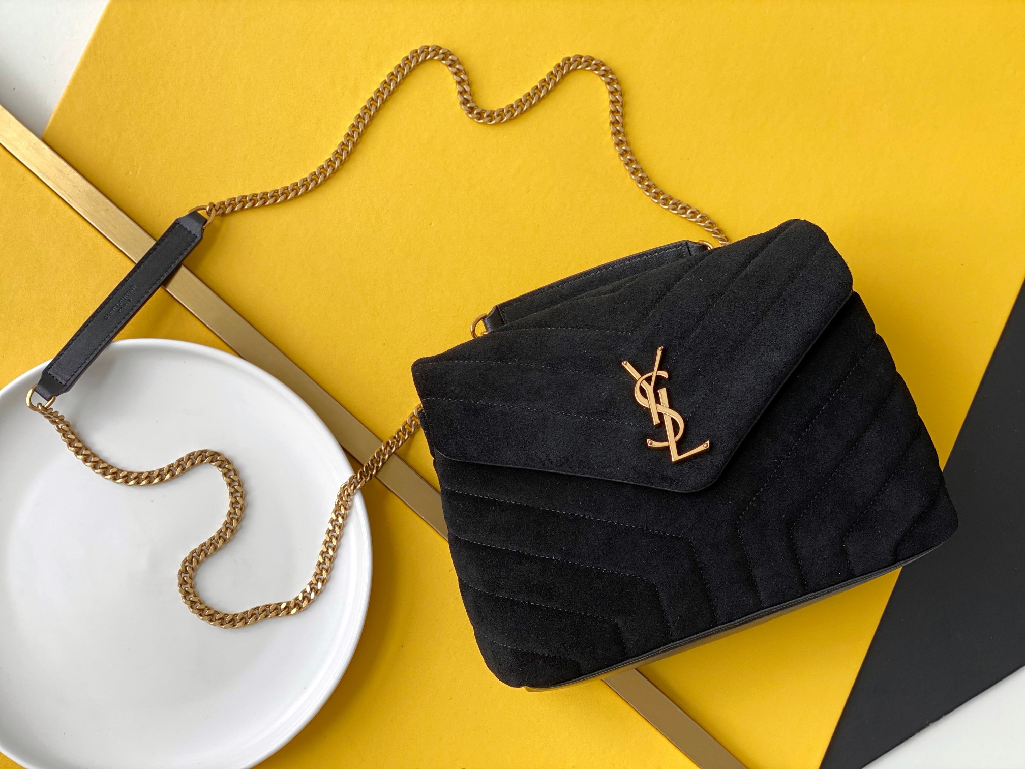 Black suede chain bag flap gold hardware compartments
