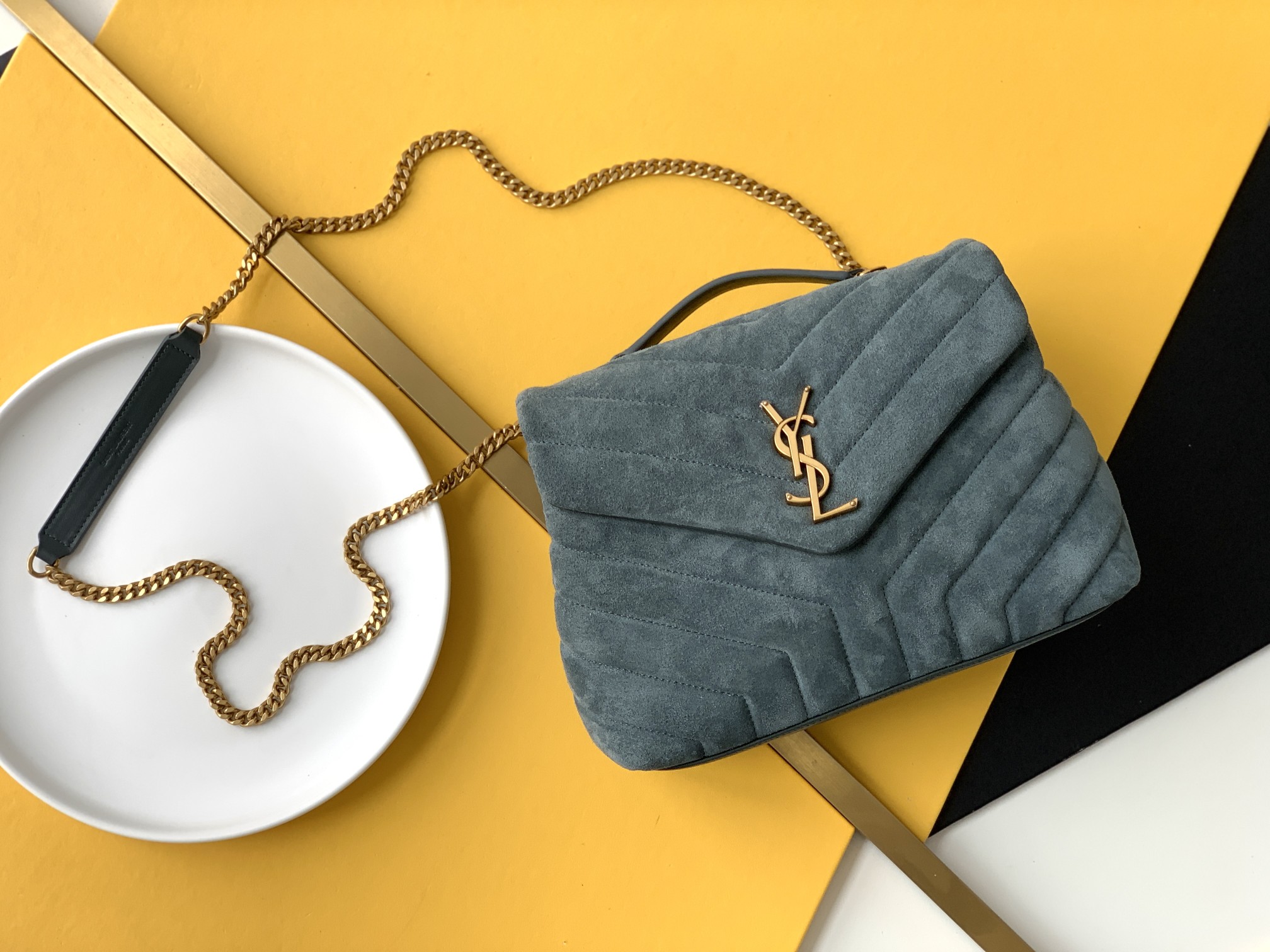 YSL Lou Lou suede chain bag flap compartment