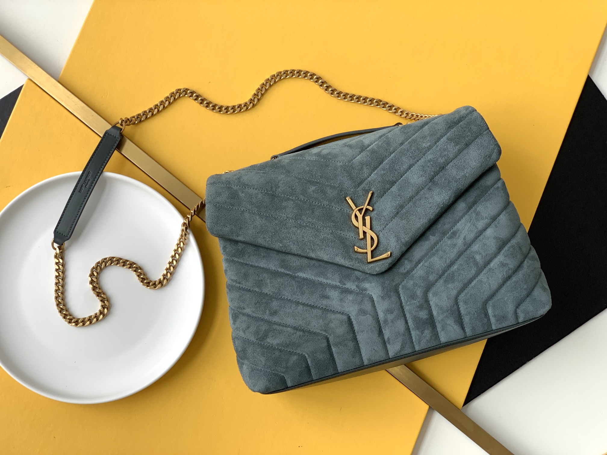 YSL Lou Lou suede chain bag flap compartment