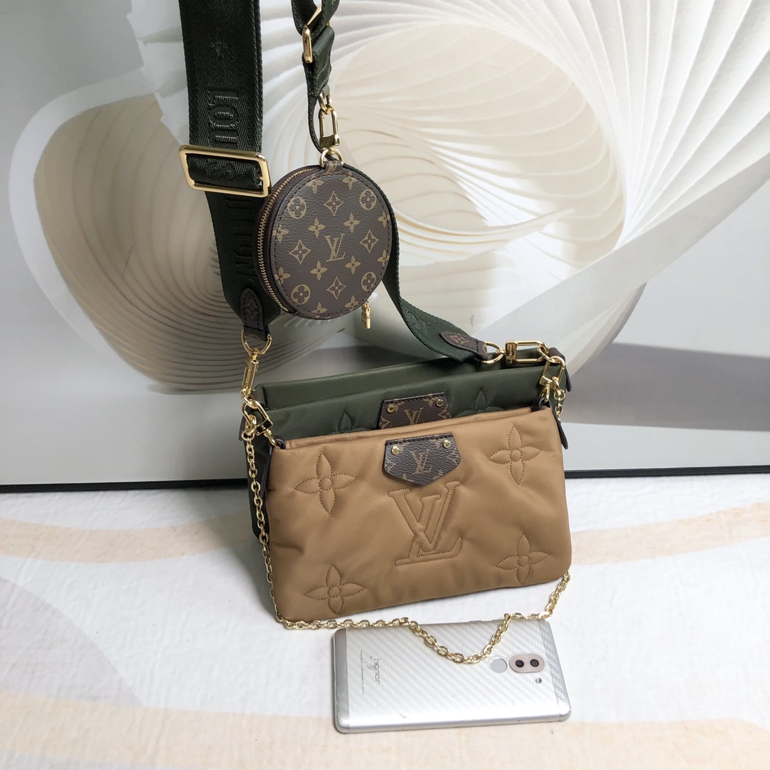 Louis Vuitton LV Multi Pochette Accessoires Bags Handbags Apricot Color Green Embroidery Mini M58977