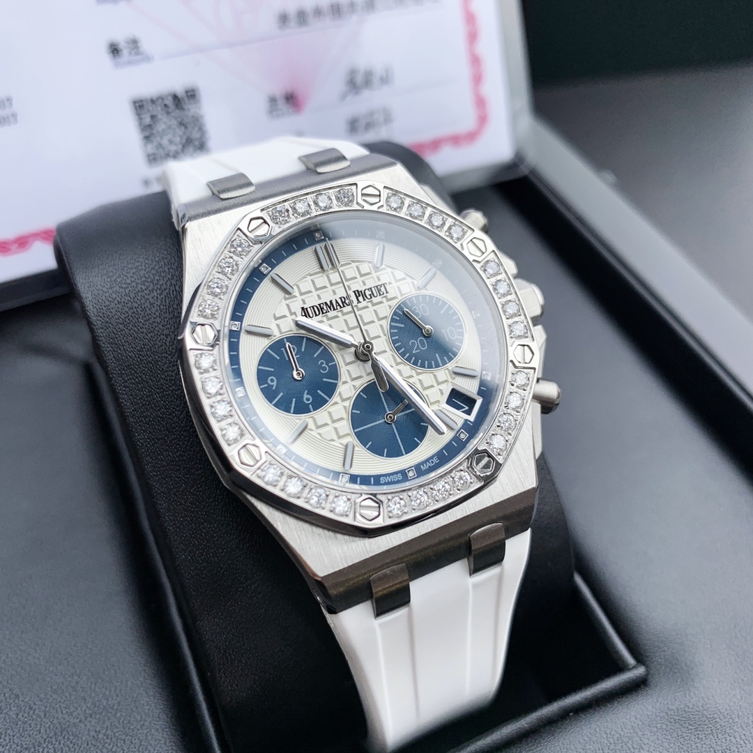 最新皇家橡树离岸系列计时石英腕表表壳904精钢镶钻32颗2.0明亮式vvs级别切割美钻