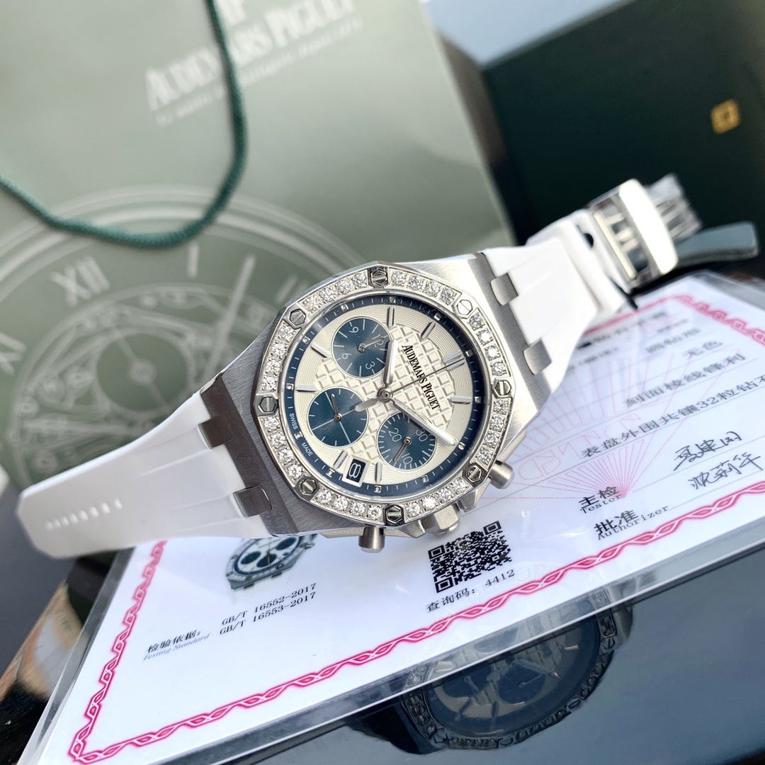 最新皇家橡树离岸系列计时石英腕表表壳904精钢镶钻32颗2.0明亮式vvs级别切割美钻