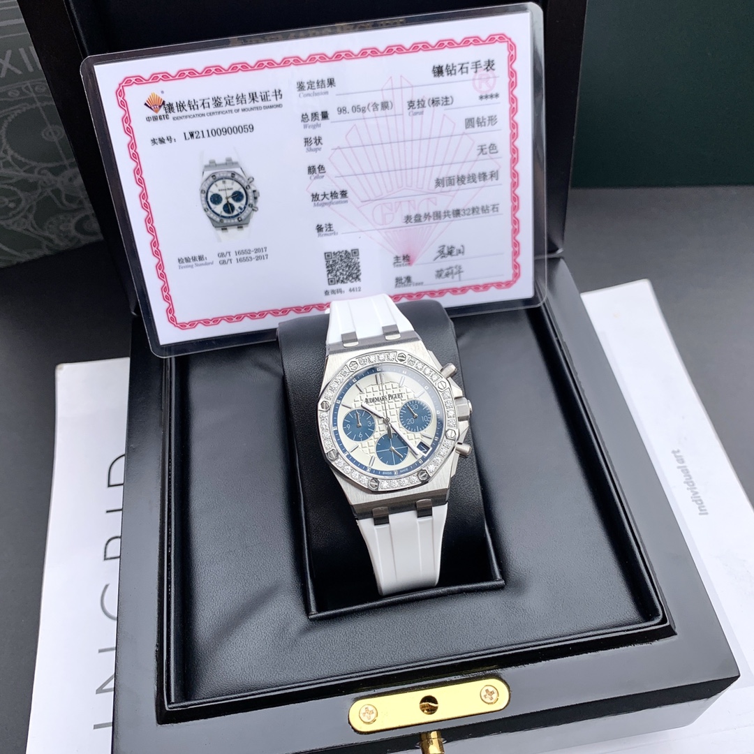 最新皇家橡树离岸系列计时石英腕表表壳904精钢镶钻32颗2.0明亮式vvs级别切割美钻