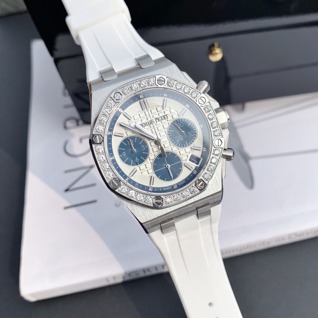 最新皇家橡树离岸系列计时石英腕表表壳904精钢镶钻32颗2.0明亮式vvs级别切割美钻