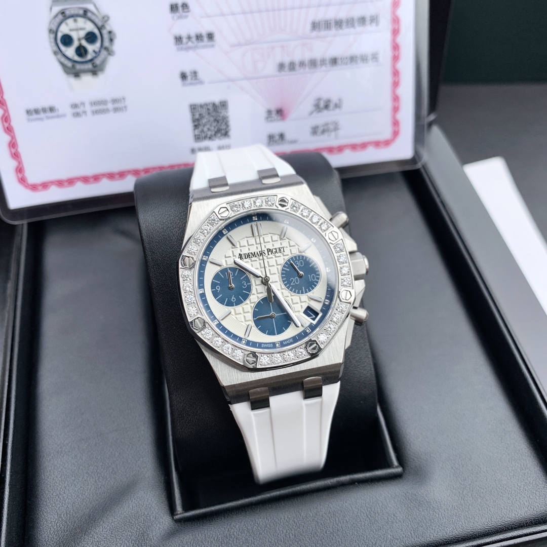 最新皇家橡树离岸系列计时石英腕表表壳904精钢镶钻32颗2.0明亮式vvs级别切割美钻
