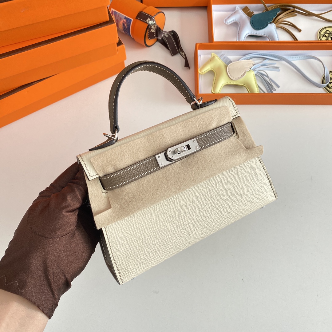 Hermes Kelly Bolsas Sacos de corpo cruzado & Ombro Designer de ponta
 Elephant Grey Cinzento Batido Branco Hardware Prata Epsom Mini