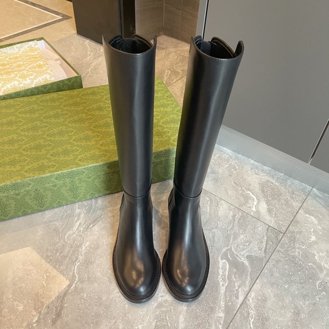 GUCCI 骑士长靴 皮革 黑色 后拉链