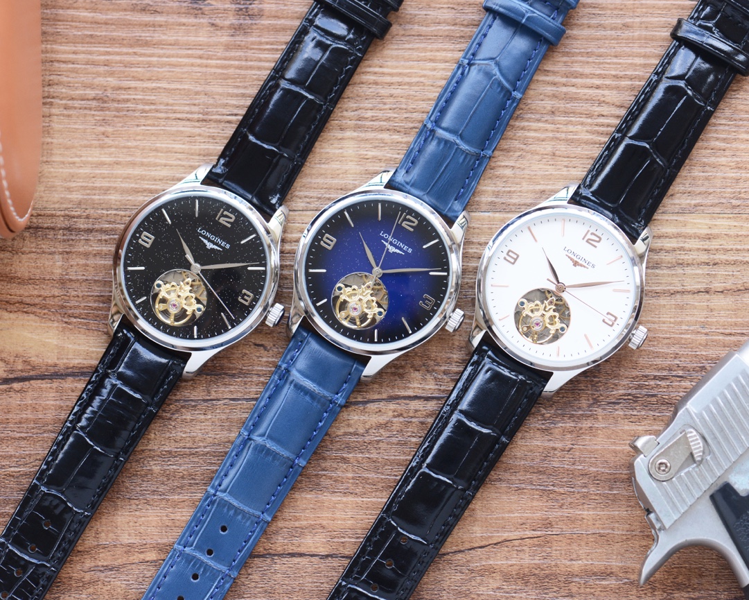 ， 白，玫 独家首发 高清实拍 优质产品 品牌：浪琴 Longines 大飞轮新品 类型：精品男士腕表 表带：真牛皮表带 机芯：高端全自动机械机芯 镜面：矿物质强化玻璃更高清 品味高雅 浩瀚大气 匠心独运 腕间瑰宝 尺寸：直径41mm厚12mm热卖上市欢迎转载