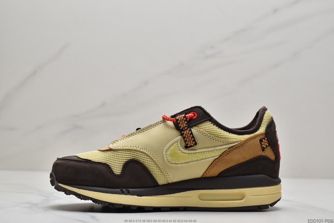 340 Travis Scott x Nike Air Max 1”Cactus Jack”低帮复古百搭休闲运动慢跑鞋“深棕麦黄米倒钩”DO9392-700