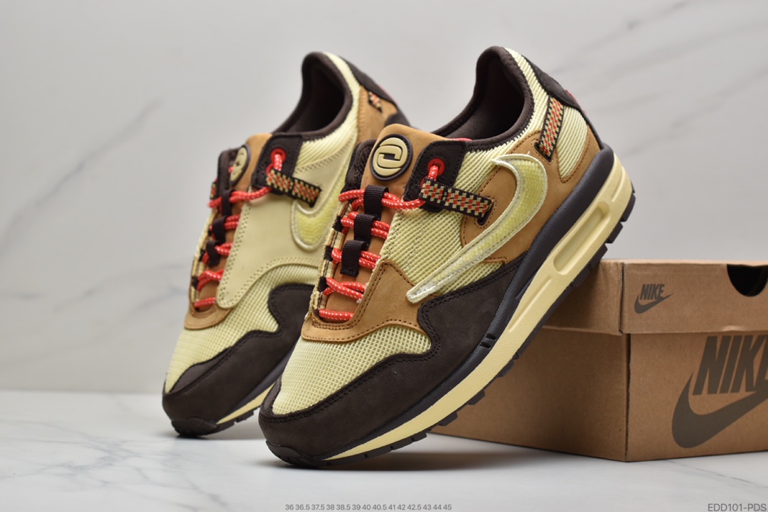 340 Travis Scott x Nike Air Max 1”Cactus Jack”低帮复古百搭休闲运动慢跑鞋“深棕麦黄米倒钩”DO9392-700