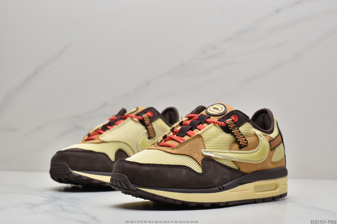 340 Travis Scott x Nike Air Max 1”Cactus Jack”低帮复古百搭休闲运动慢跑鞋“深棕麦黄米倒钩”DO9392-700