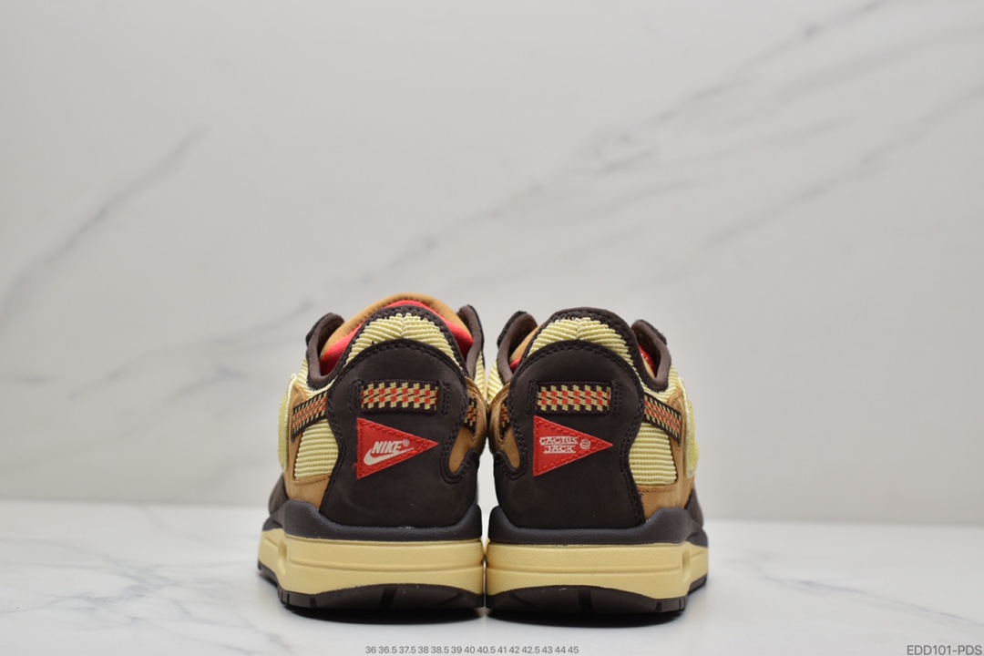 340 Travis Scott x Nike Air Max 1”Cactus Jack”低帮复古百搭休闲运动慢跑鞋“深棕麦黄米倒钩”DO9392-700