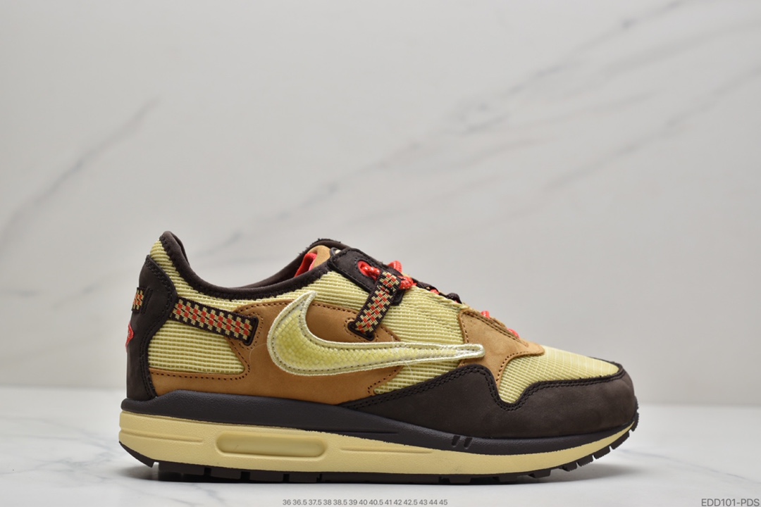 340 Travis Scott x Nike Air Max 1”Cactus Jack”低帮复古百搭休闲运动慢跑鞋“深棕麦黄米倒钩”DO9392-700