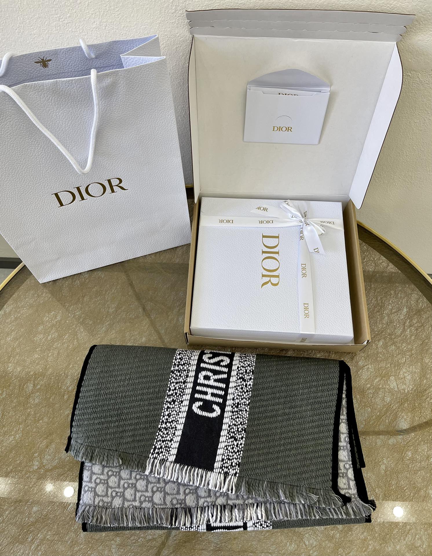 Dior迪奥“CHRISTIAN DIOR”标志条形图案学院风双面围巾14CDO301I985_C540
