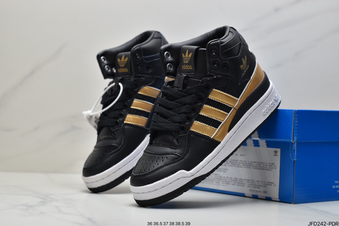170 adidas Originals Forum Mid 罗马魔术贴系带百搭中帮复古休闲运动板鞋“皮革黑金白”D98179
