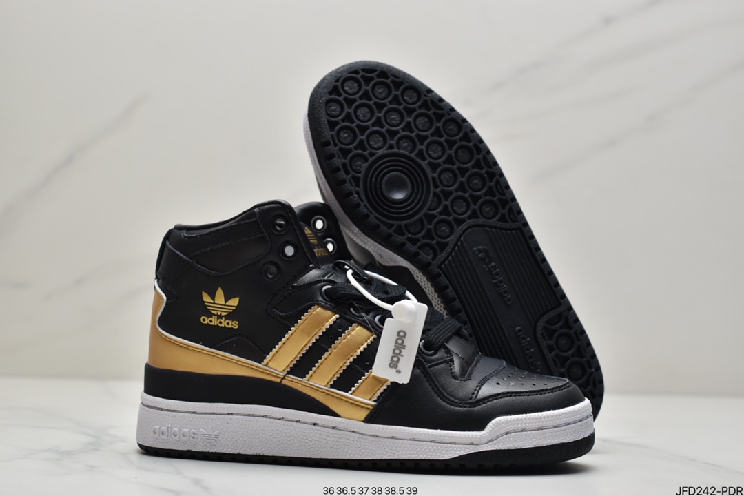 170 adidas Originals Forum Mid 罗马魔术贴系带百搭中帮复古休闲运动板鞋“皮革黑金白”D98179