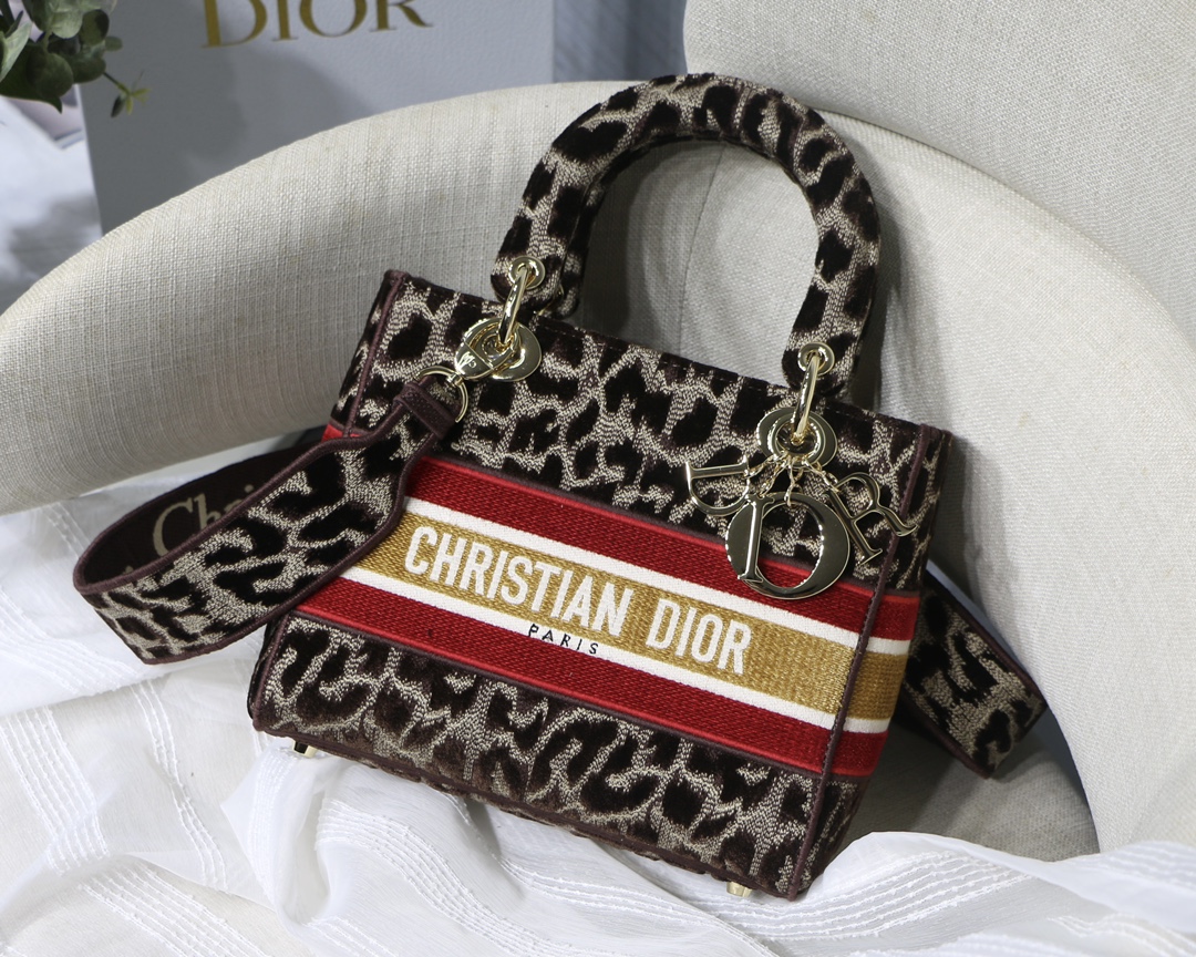 DIOR Lady D-Lite Velvet Leopard Print Cannage Embroidery Handbag