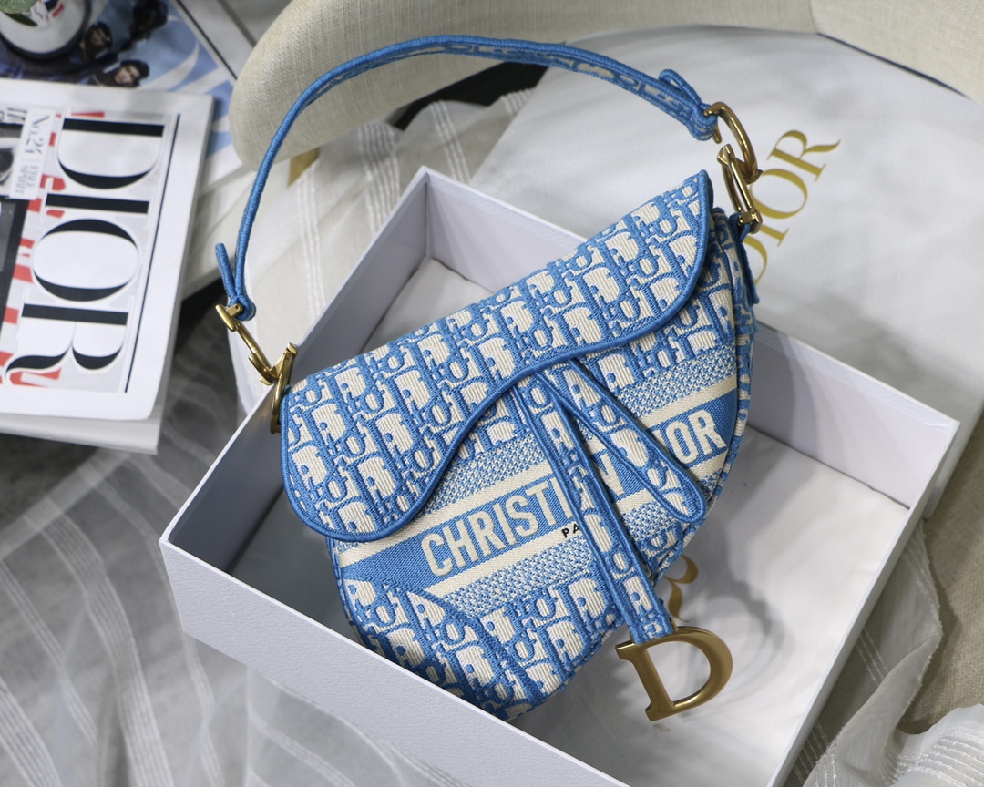 Dior Saddle Embroidered Blue Saddle Bag