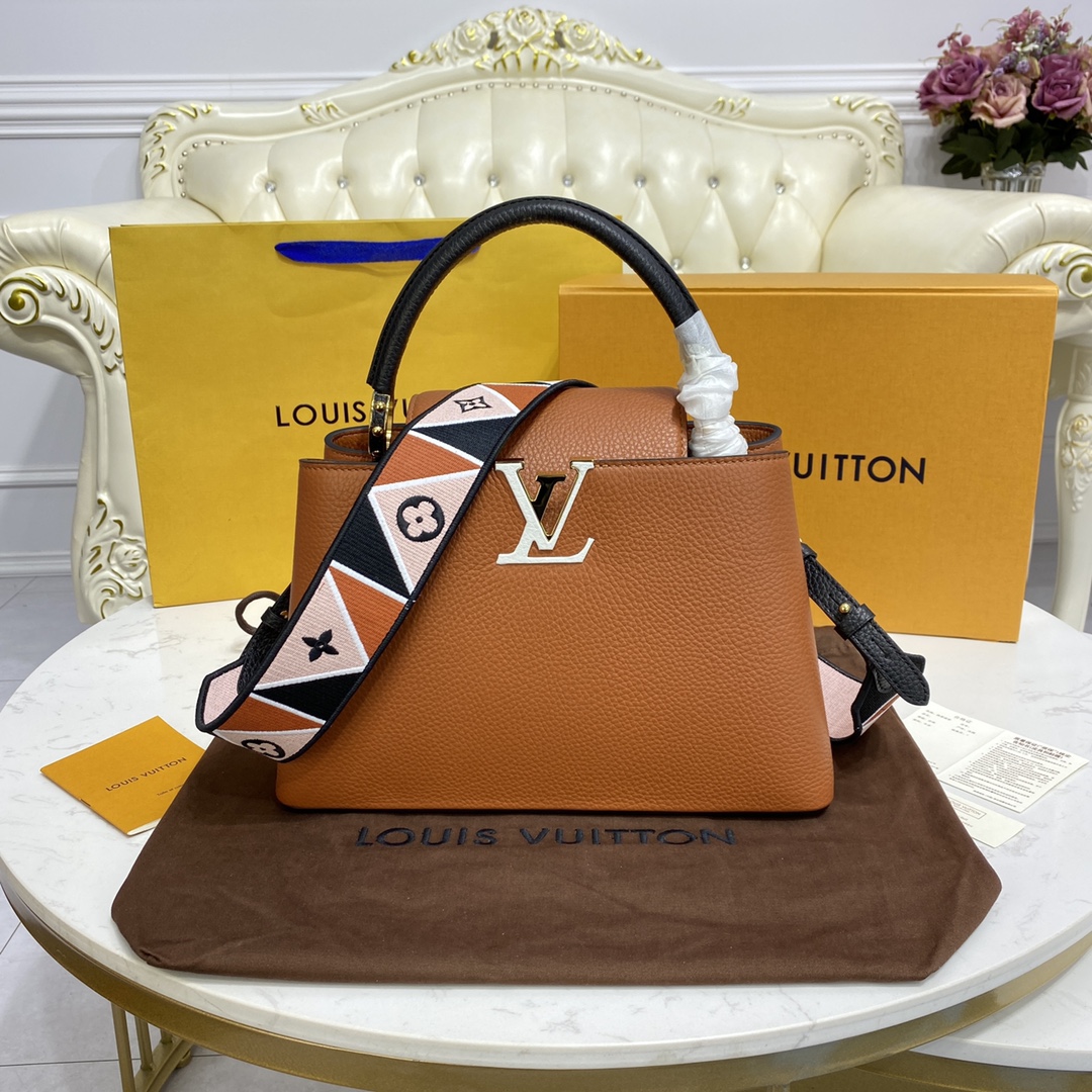 Louis Vuitton LV Capucines Bags Handbags Apricot Color Black Caramel Grey Pink Purple Red Embroidery Fabric M58608