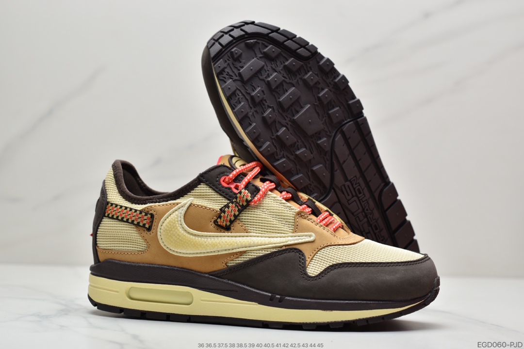 400 联名倒钩Travis Scott x Nike Air Max 1”Cactus Jack”改版款低帮复古百搭休闲运动慢跑鞋“深棕麦黄米倒钩”DO9392-700