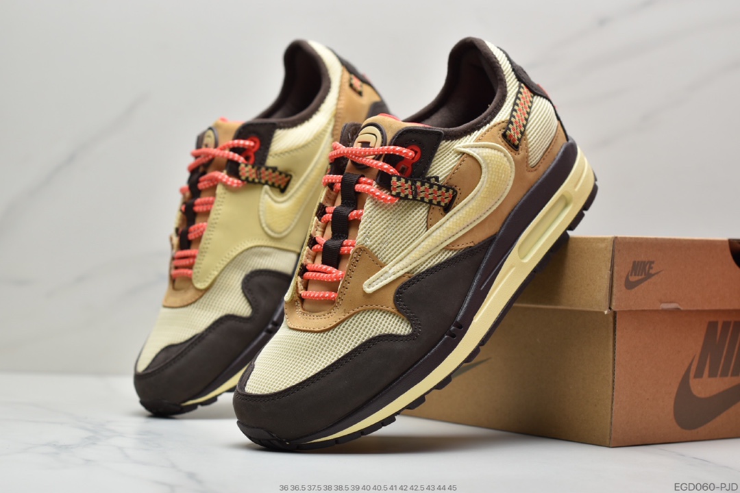 400 联名倒钩Travis Scott x Nike Air Max 1”Cactus Jack”改版款低帮复古百搭休闲运动慢跑鞋“深棕麦黄米倒钩”DO9392-700