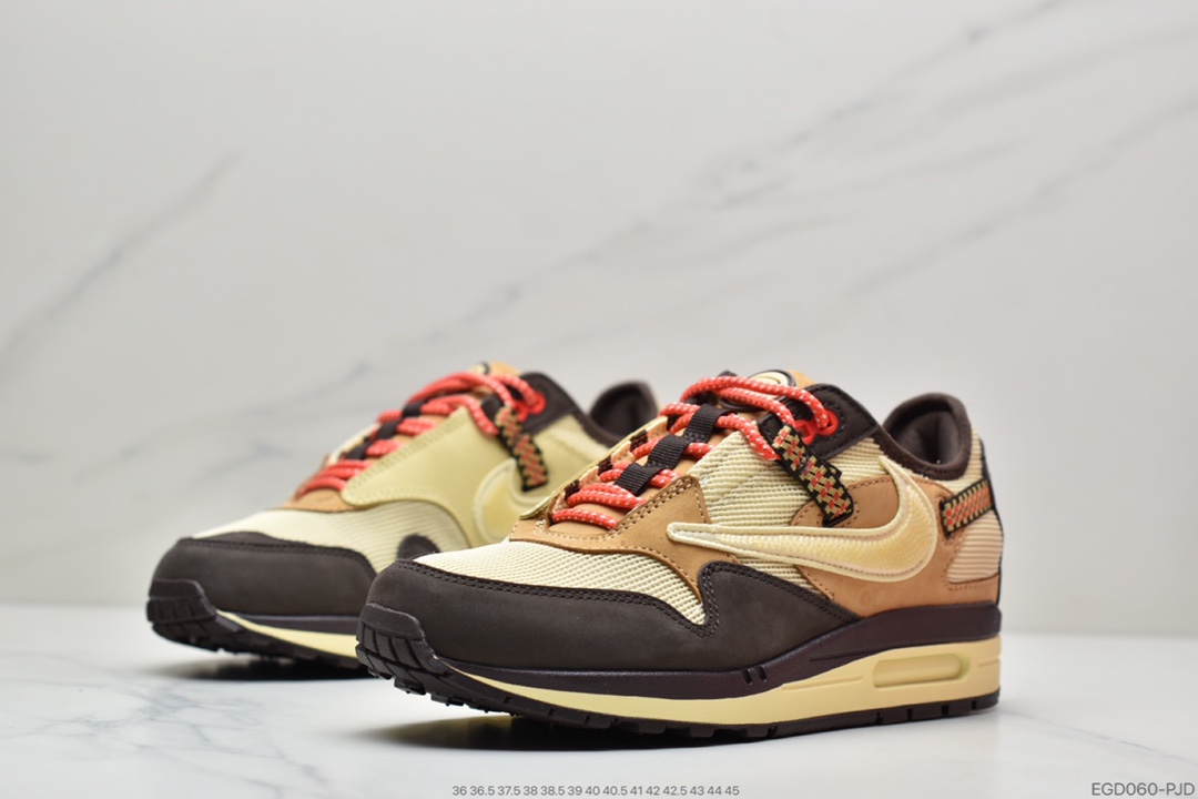 400 联名倒钩Travis Scott x Nike Air Max 1”Cactus Jack”改版款低帮复古百搭休闲运动慢跑鞋“深棕麦黄米倒钩”DO9392-700
