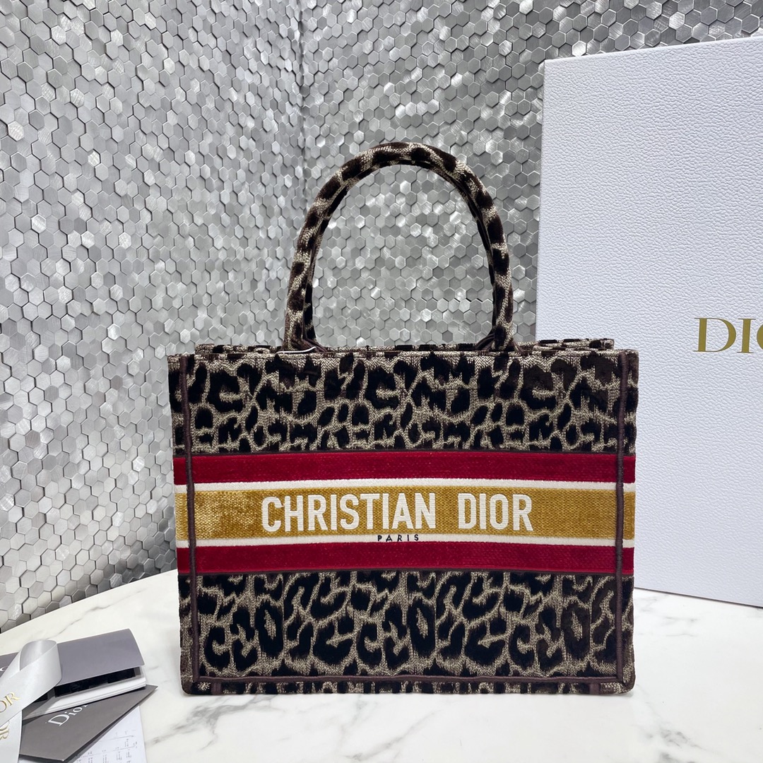 Dior Book Tote Handbags Tote Bags Beige Leopard Print Embroidery Cotton Velvet