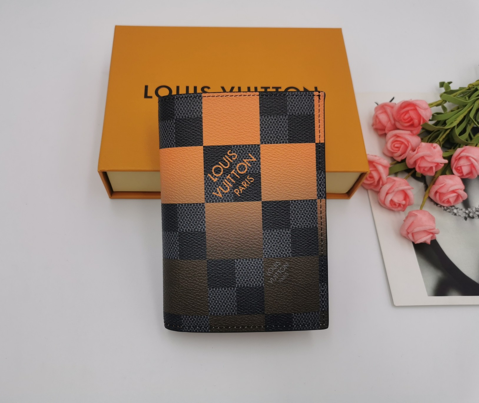 Front view of a slim leather passport wallet