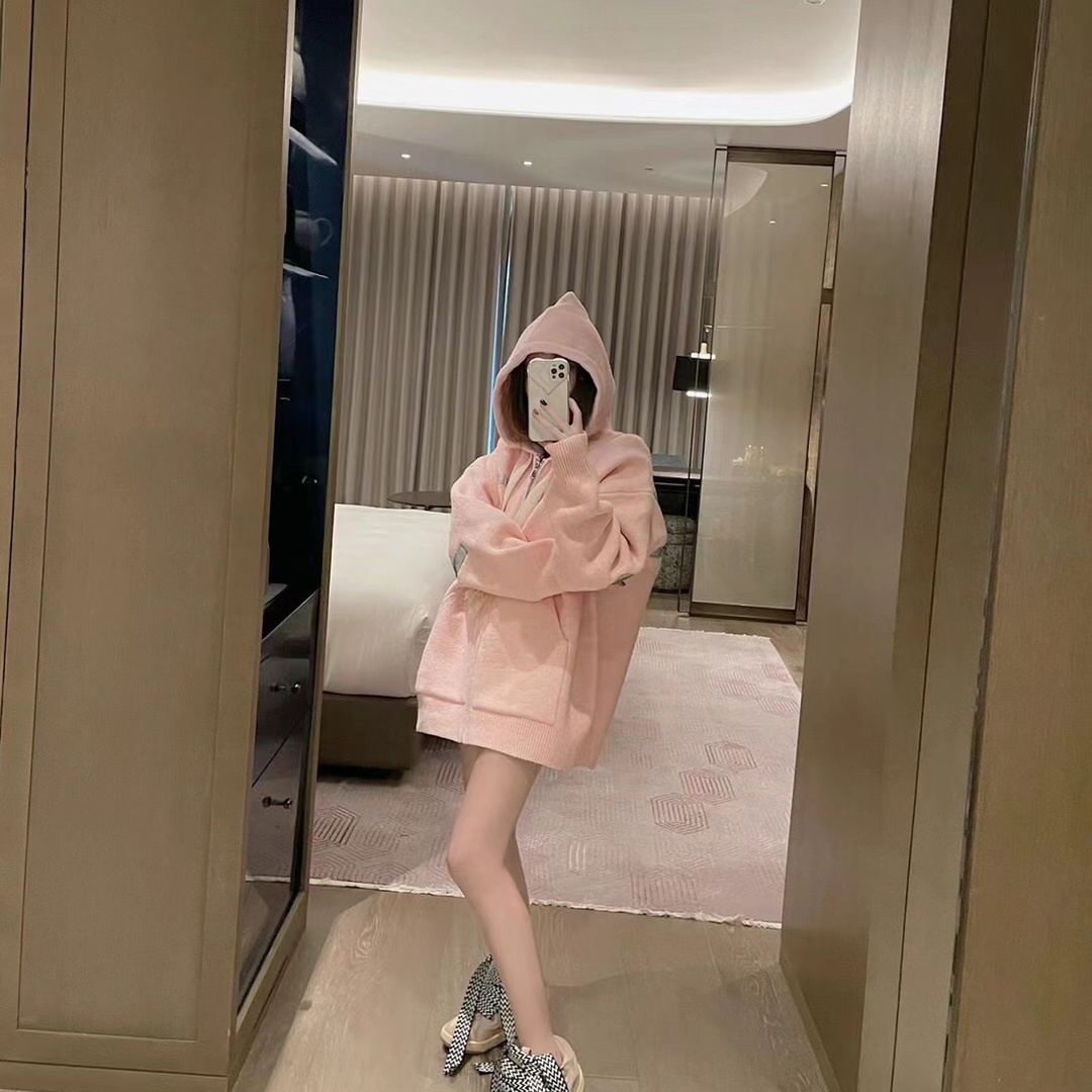 小众背反光字母加厚针织拉锁帽衫黑色灰