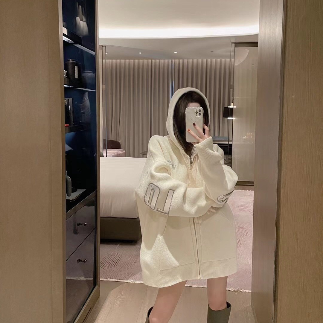 小众背反光字母加厚针织拉锁帽衫黑色灰