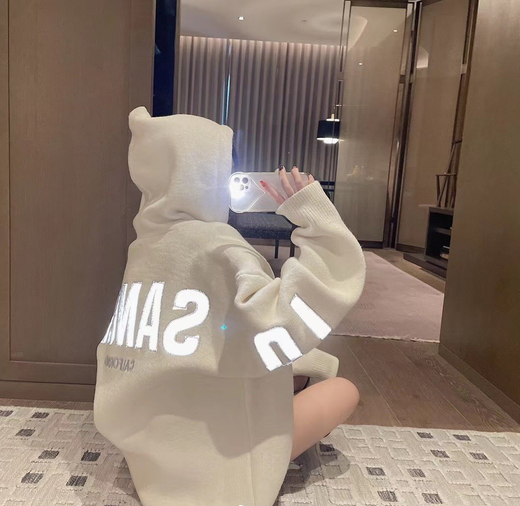 小众背反光字母加厚针织拉锁帽衫黑色灰