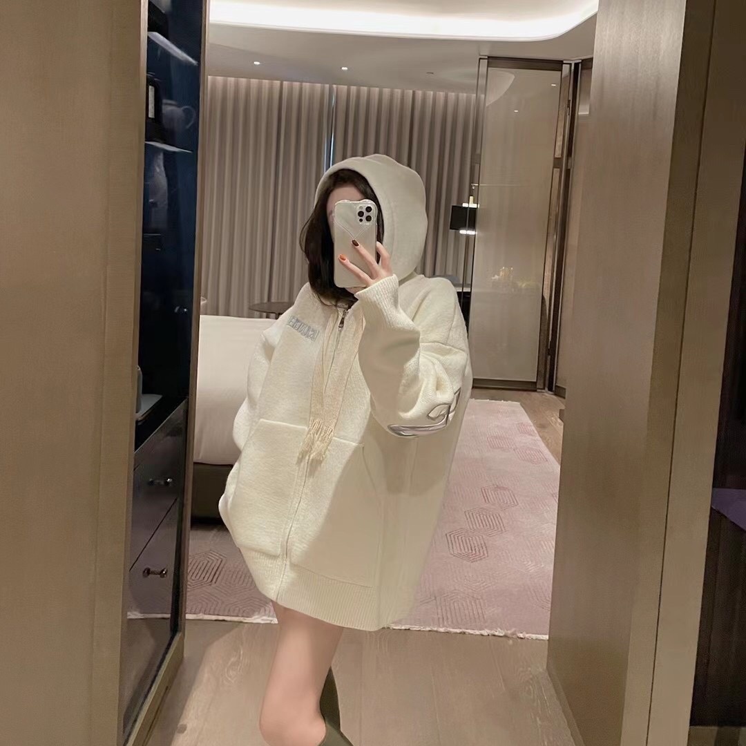 小众背反光字母加厚针织拉锁帽衫黑色灰