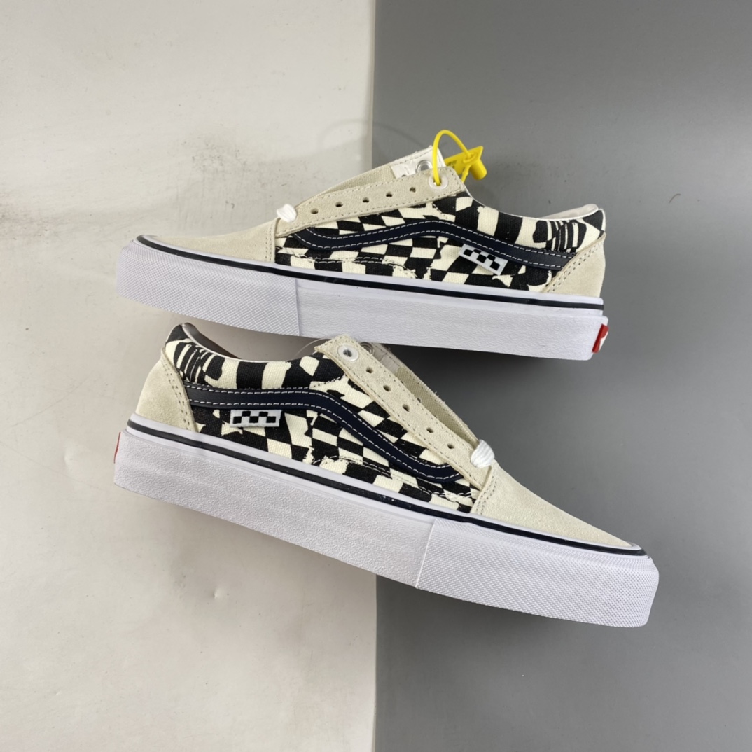 P150  Vans oId skool 范斯官方黑白棋盘格侧边小标条纹米白低帮职业滑板鞋  VN0A5FCB9CU