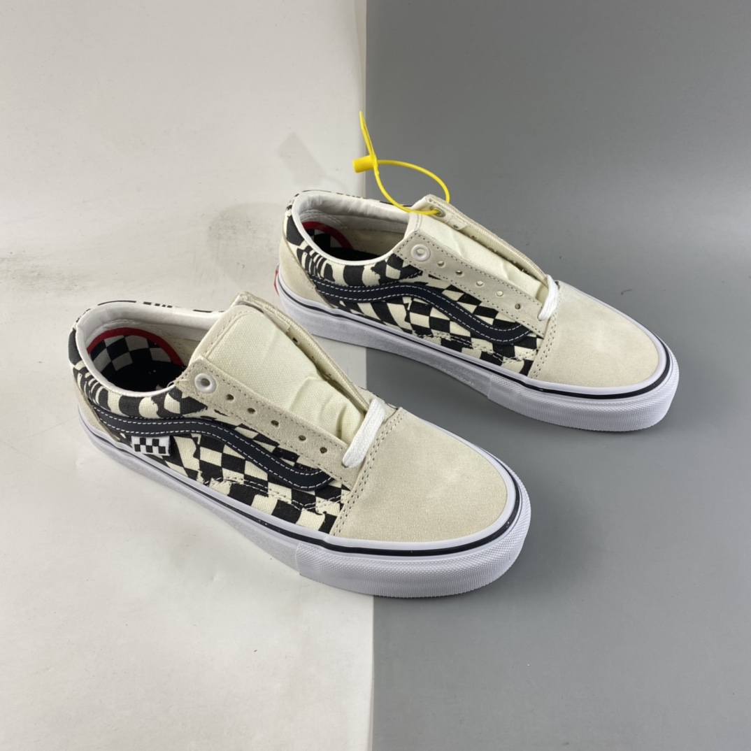 P150  Vans oId skool 范斯官方黑白棋盘格侧边小标条纹米白低帮职业滑板鞋  VN0A5FCB9CU