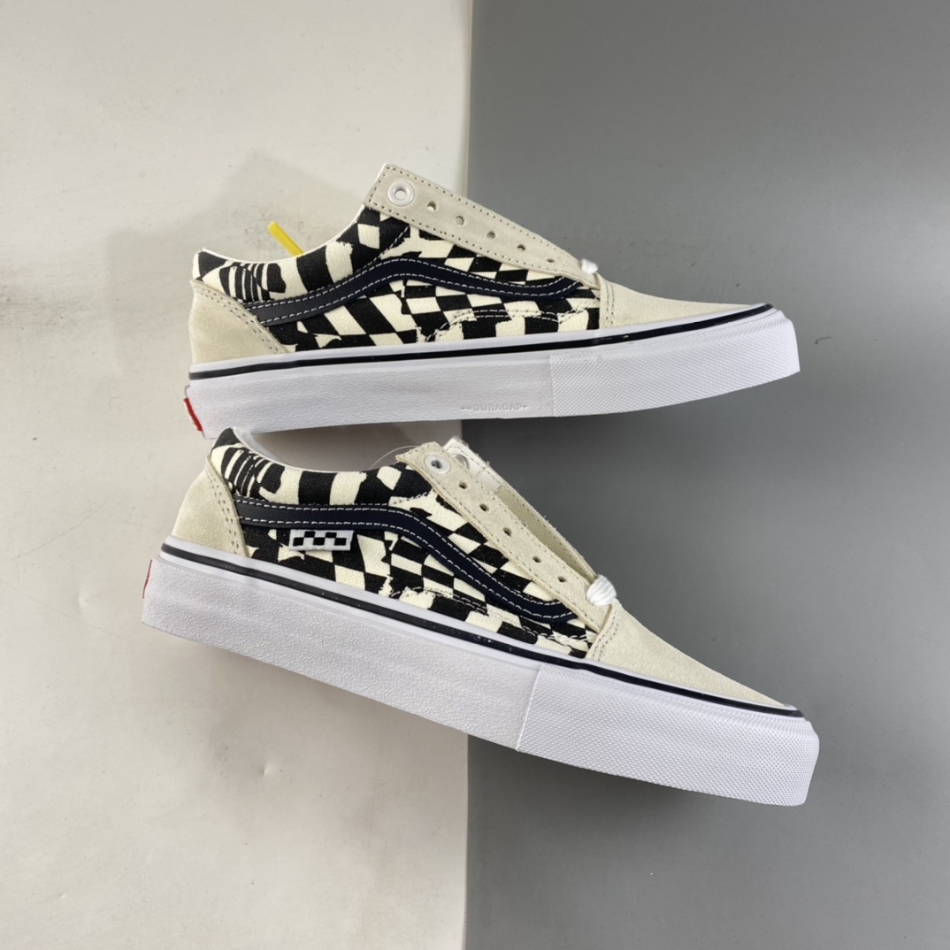 P150  Vans oId skool 范斯官方黑白棋盘格侧边小标条纹米白低帮职业滑板鞋  VN0A5FCB9CU