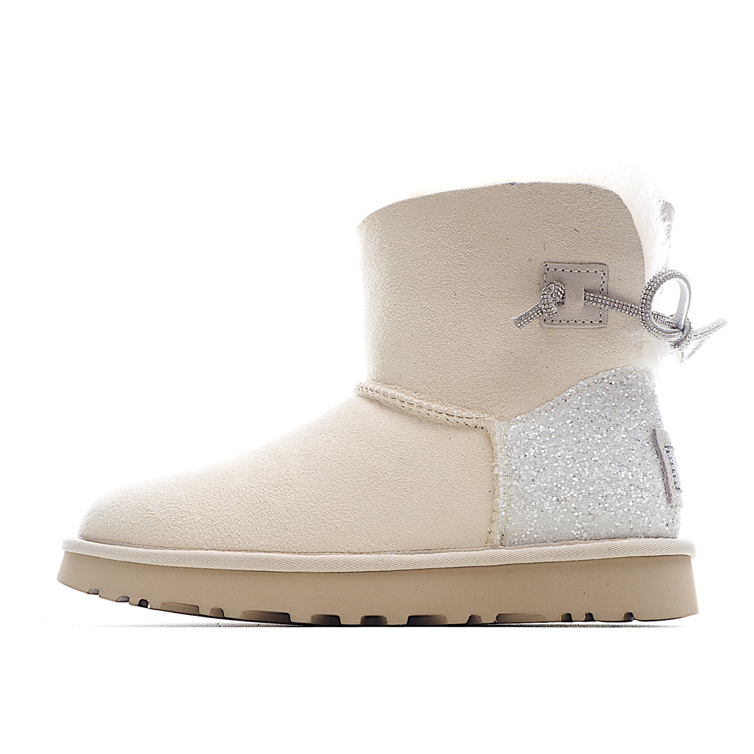 H0 河南代工厂顶级货 区别市面版本 欢迎对比UGG皮毛一体雪地靴 两穿款 钻绳蝴蝶结 黑色/山羊灰/钟乳白