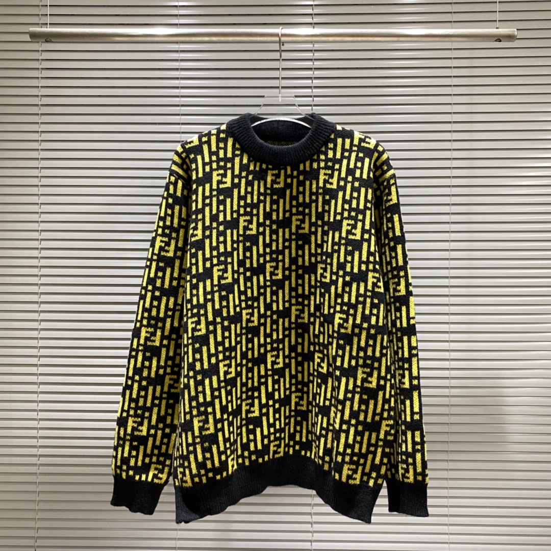 Fendi FD full-body small FD logo jacquard crew neck sweater, black/yellow, S M L XL XXL