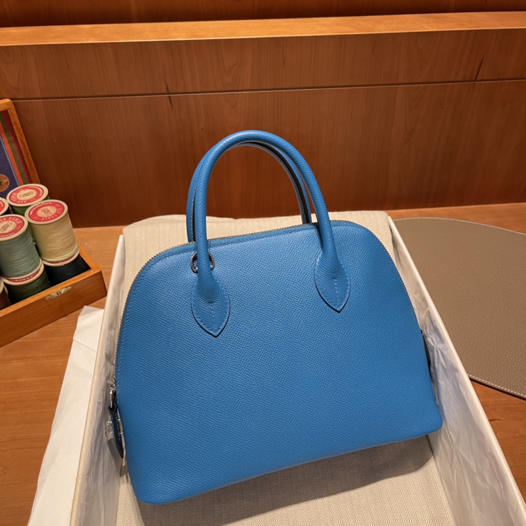 Bolide personalizado 25cm en piel Epsom [Azul Frieda] con cierre plateado, para uso diario, casual y versátil, sincroni…