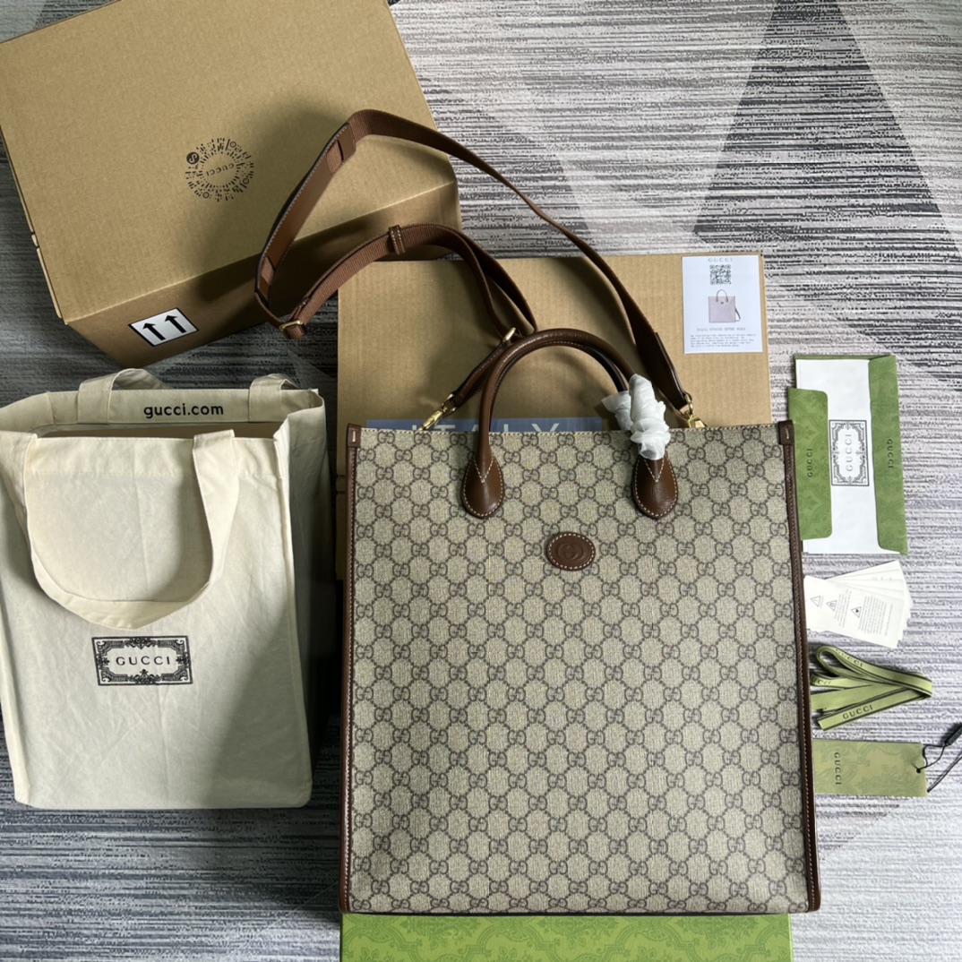 GUCCI GG Supreme палатно Тоты-сумка карычневая скураная акантоўка ручка і плечавы рамень