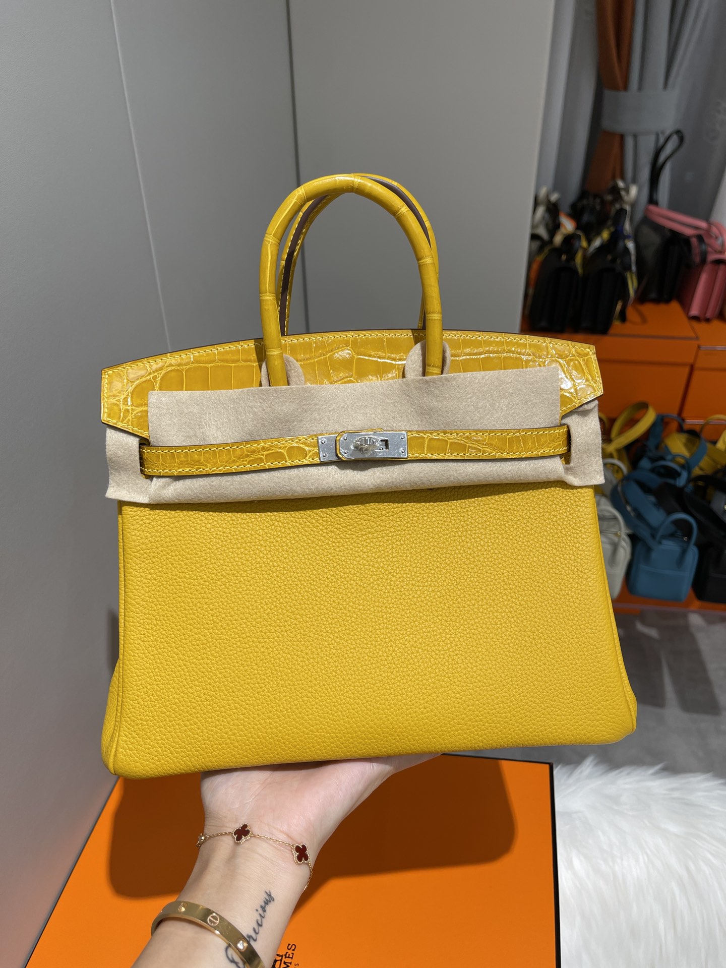 Hermes Birkin Bags Handbags Amber Yellow Silver Hardware Crocodile Leather