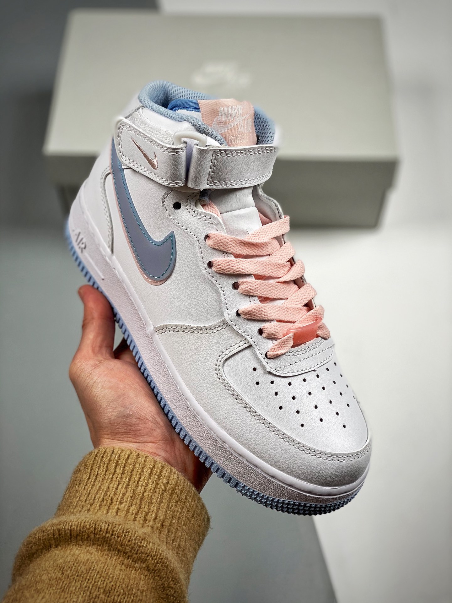 Air Force1 mid blanco rosa azul doble swoosh azul rosa, horma original y cartón original, creando la auténtica versión …
